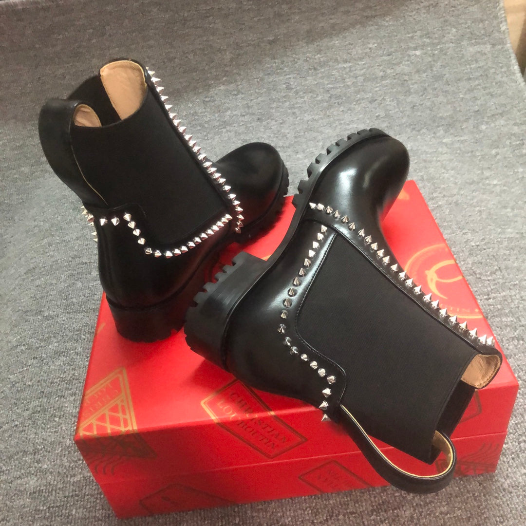 Loubouti* 1: 1 VIP new rivet red sole shoes round toe women's short boots