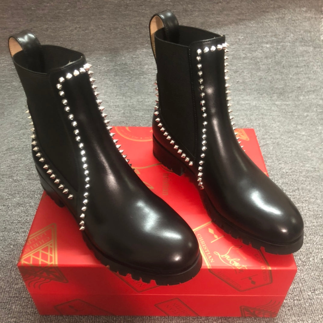 Loubouti* 1: 1 VIP new rivet red sole shoes round toe women's short boots