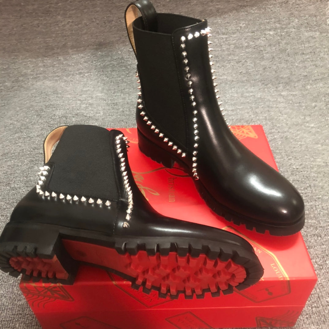Loubouti* 1: 1 VIP new rivet red sole shoes round toe women's short boots