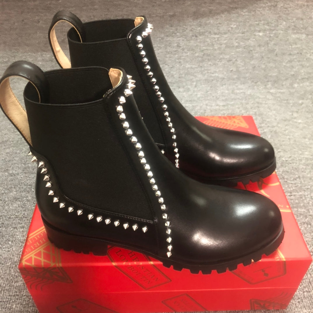 Loubouti* 1: 1 VIP new rivet red sole shoes round toe women's short boots