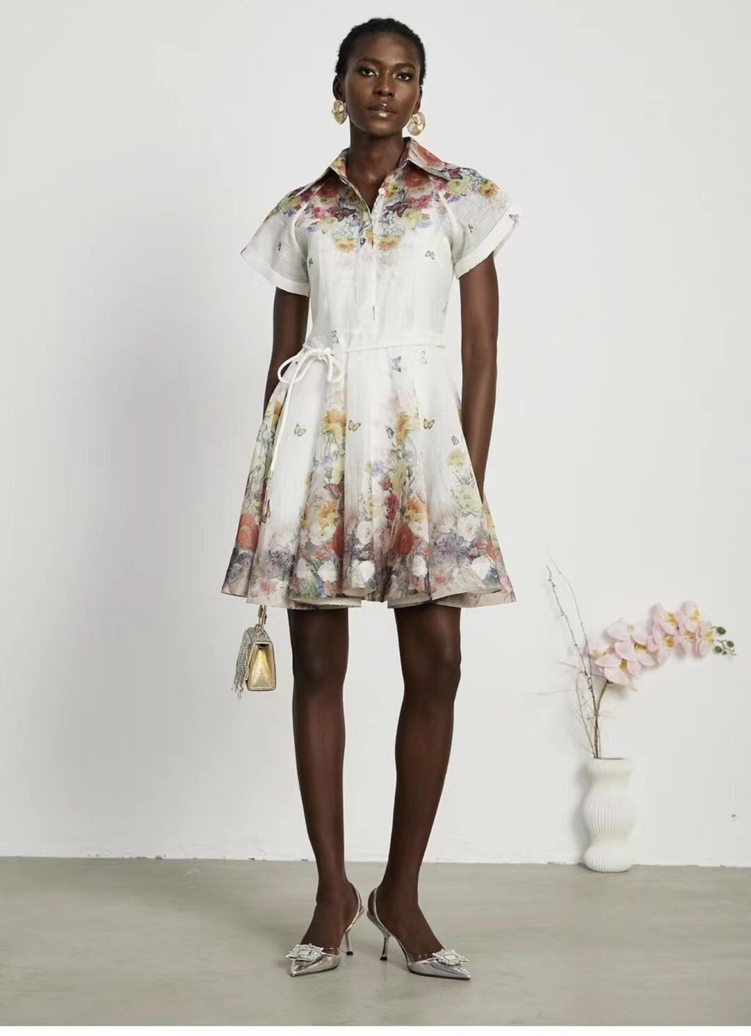 Zimmerma** new style colorful flower print tie waist lapel short sleeve dress