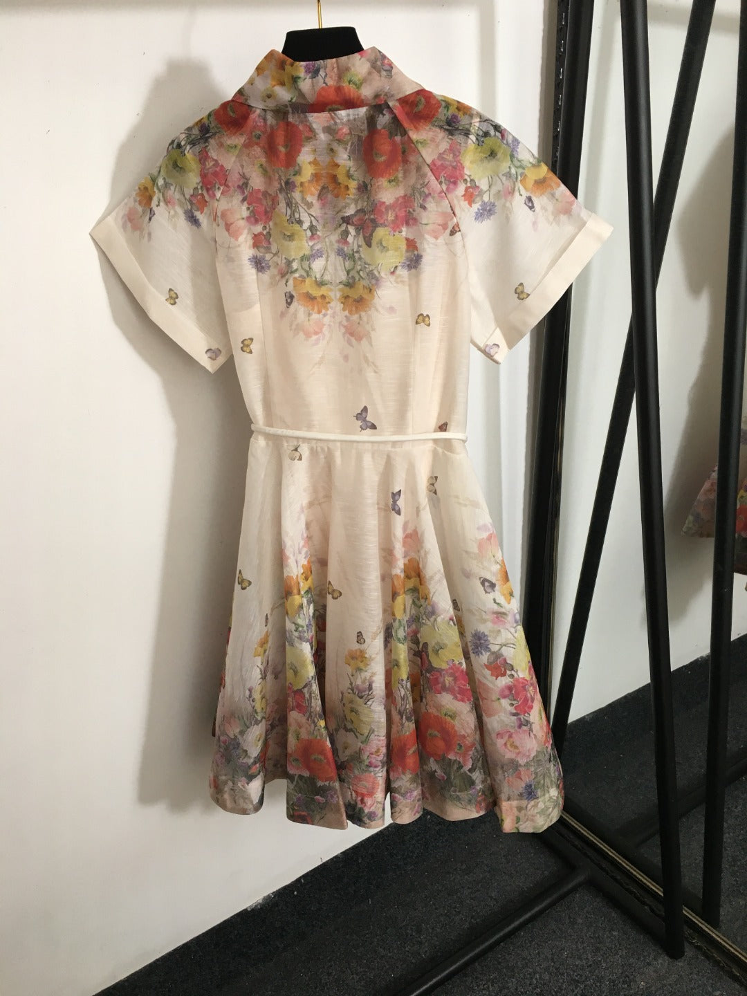 Zimmerma** new style colorful flower print tie waist lapel short sleeve dress