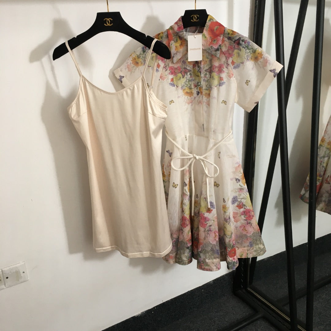 Zimmerma** new style colorful flower print tie waist lapel short sleeve dress