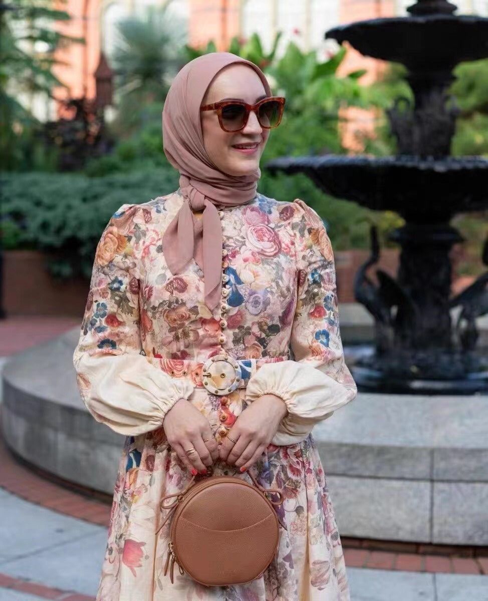 ZIM****-Rose flower print lantern long-sleeved dress with belt, pink