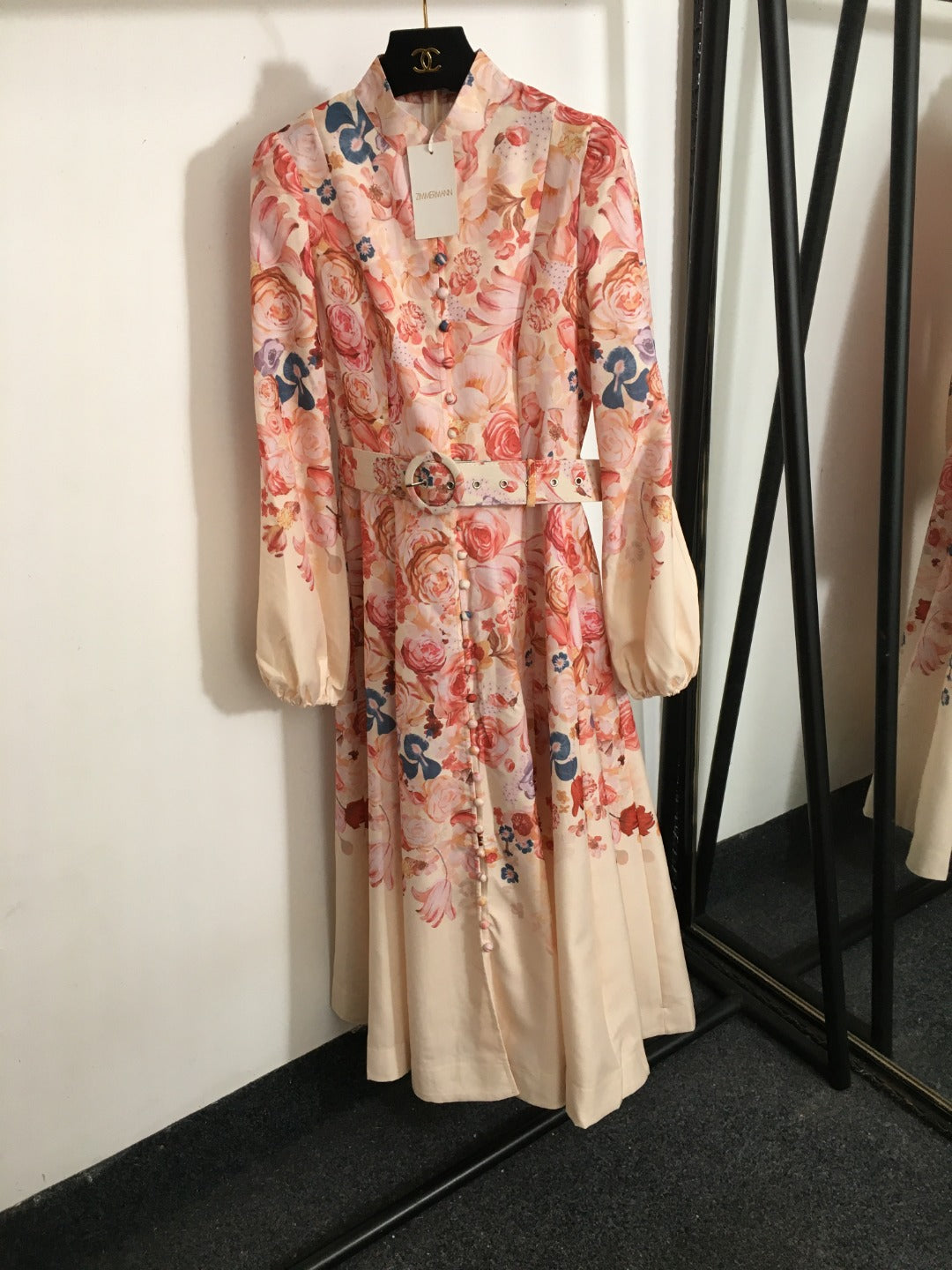 ZIM****-Rose flower print lantern long-sleeved dress with belt, pink
