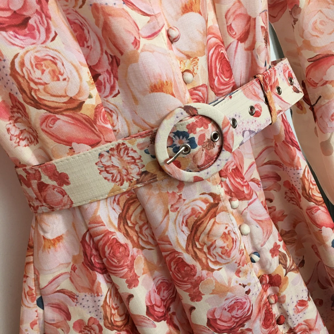 ZIM****-Rose flower print lantern long-sleeved dress with belt, pink