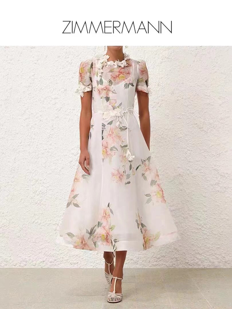 ZIM****-Three-dimensional flower decoration, pink flower print, short-sleeved dress with tie waist