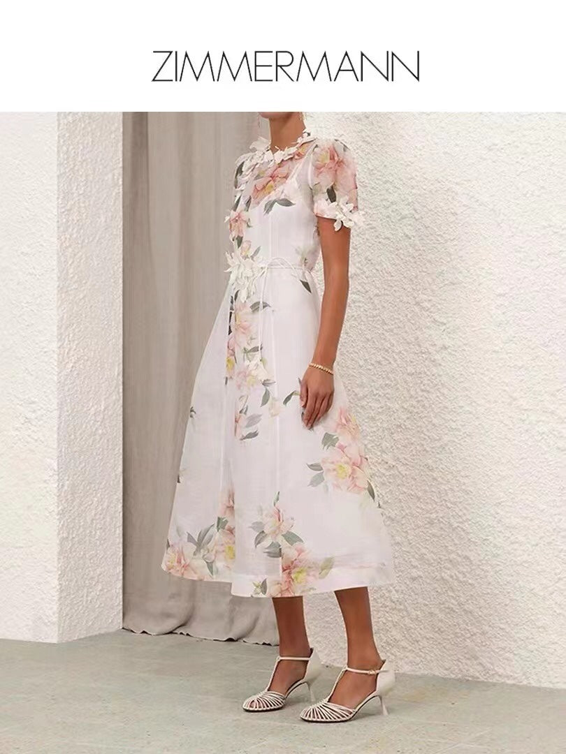 ZIM****-Three-dimensional flower decoration, pink flower print, short-sleeved dress with tie waist
