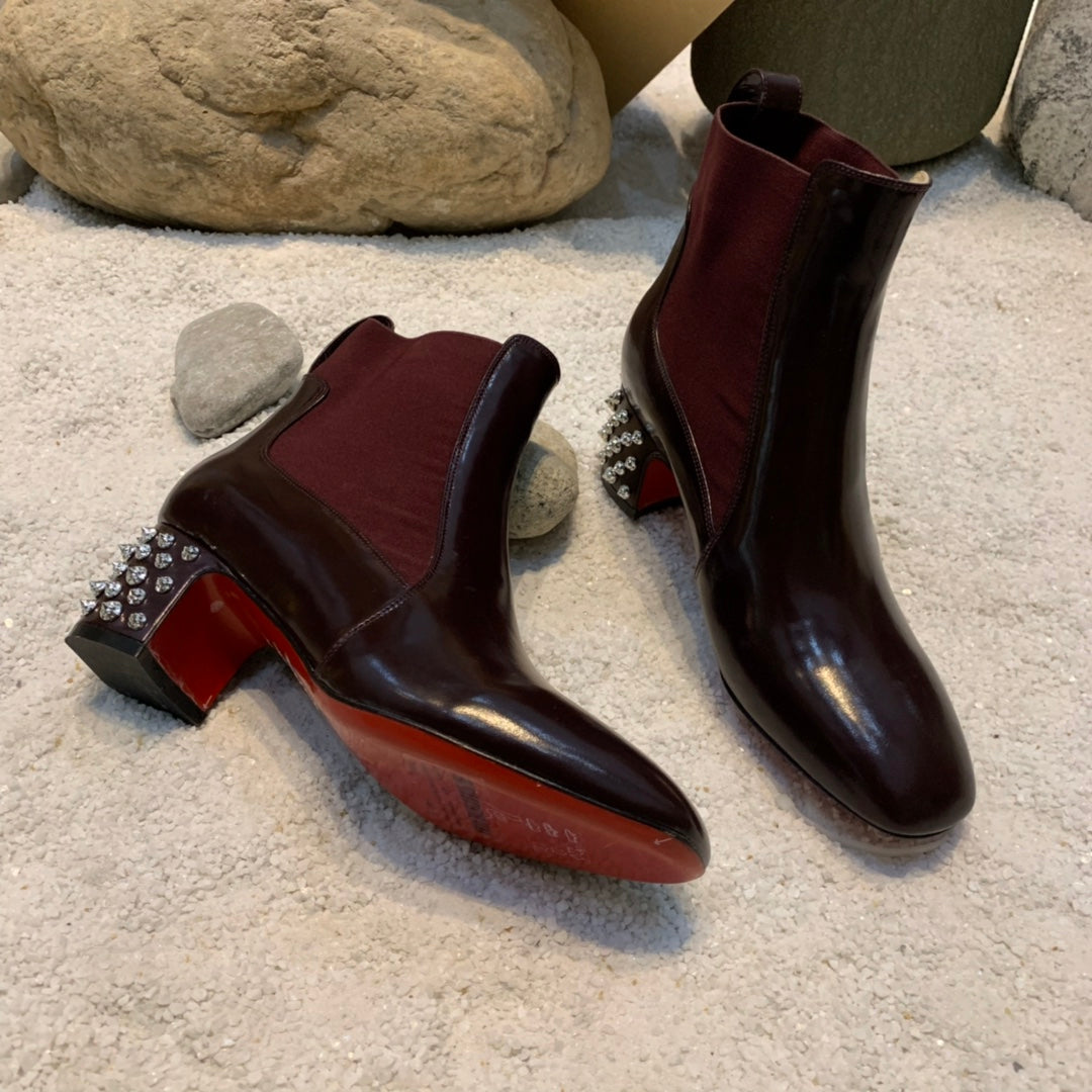 Christi** Loubout** New Square Heel Rivet Chelsea Ankle Boots VIP1:1