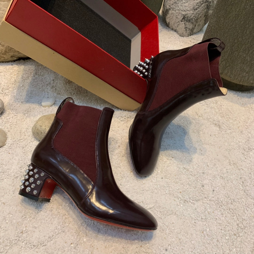 Christi** Loubout** New Square Heel Rivet Chelsea Ankle Boots VIP1:1