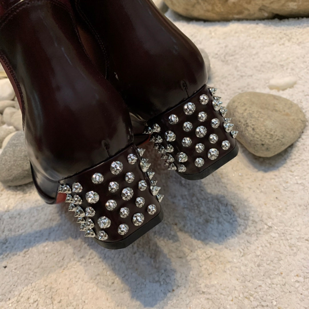 Christi** Loubout** New Square Heel Rivet Chelsea Ankle Boots VIP1:1