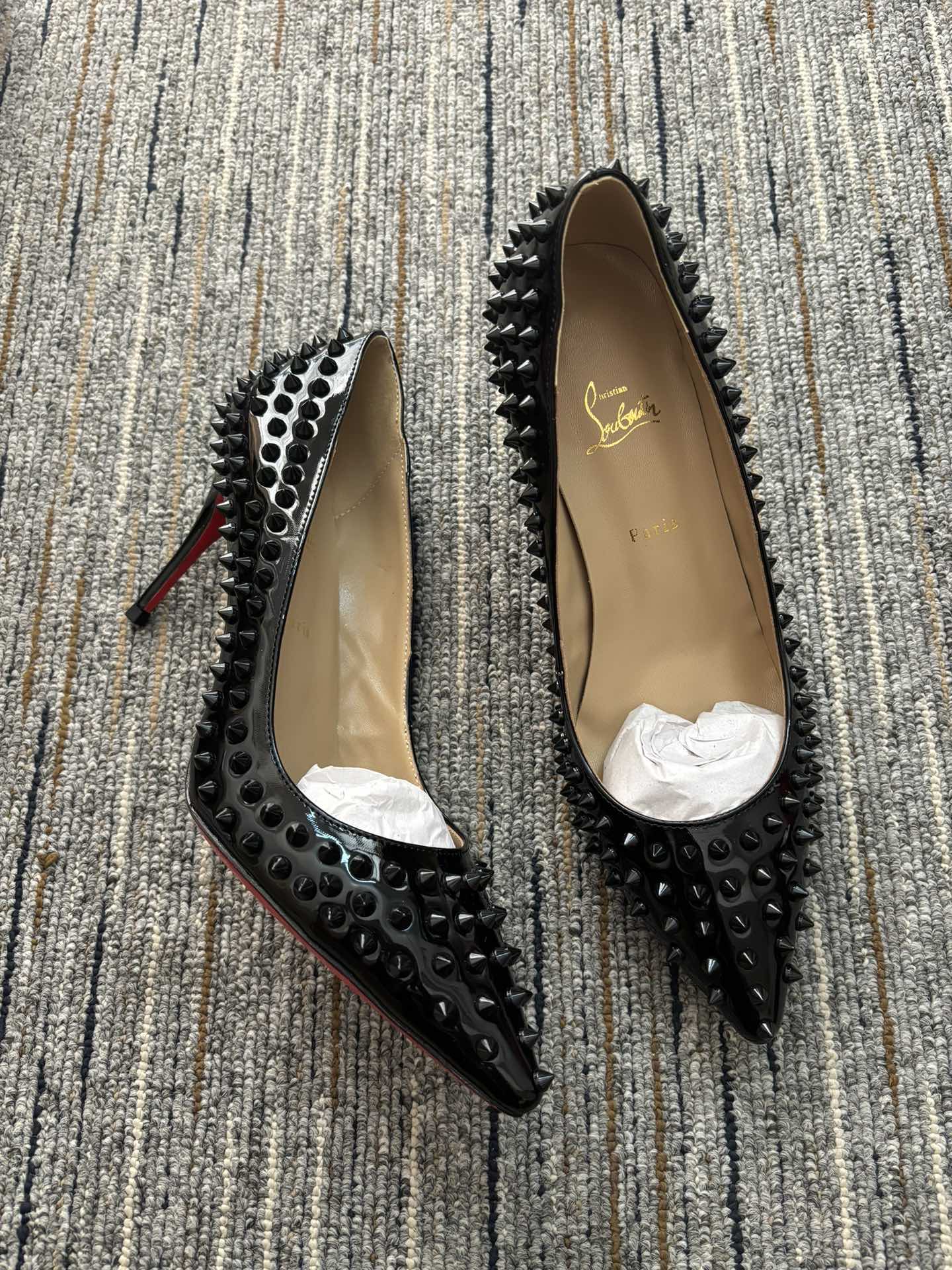 Christia** Loubout** black orange high heels