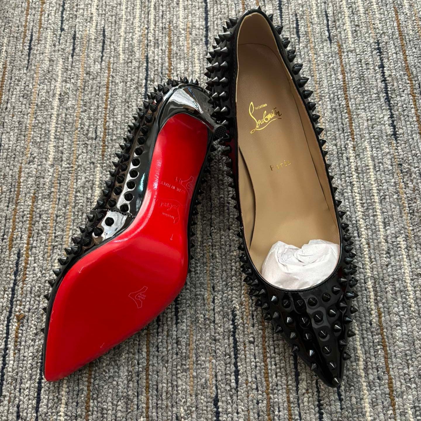 Christia** Loubout** black orange high heels