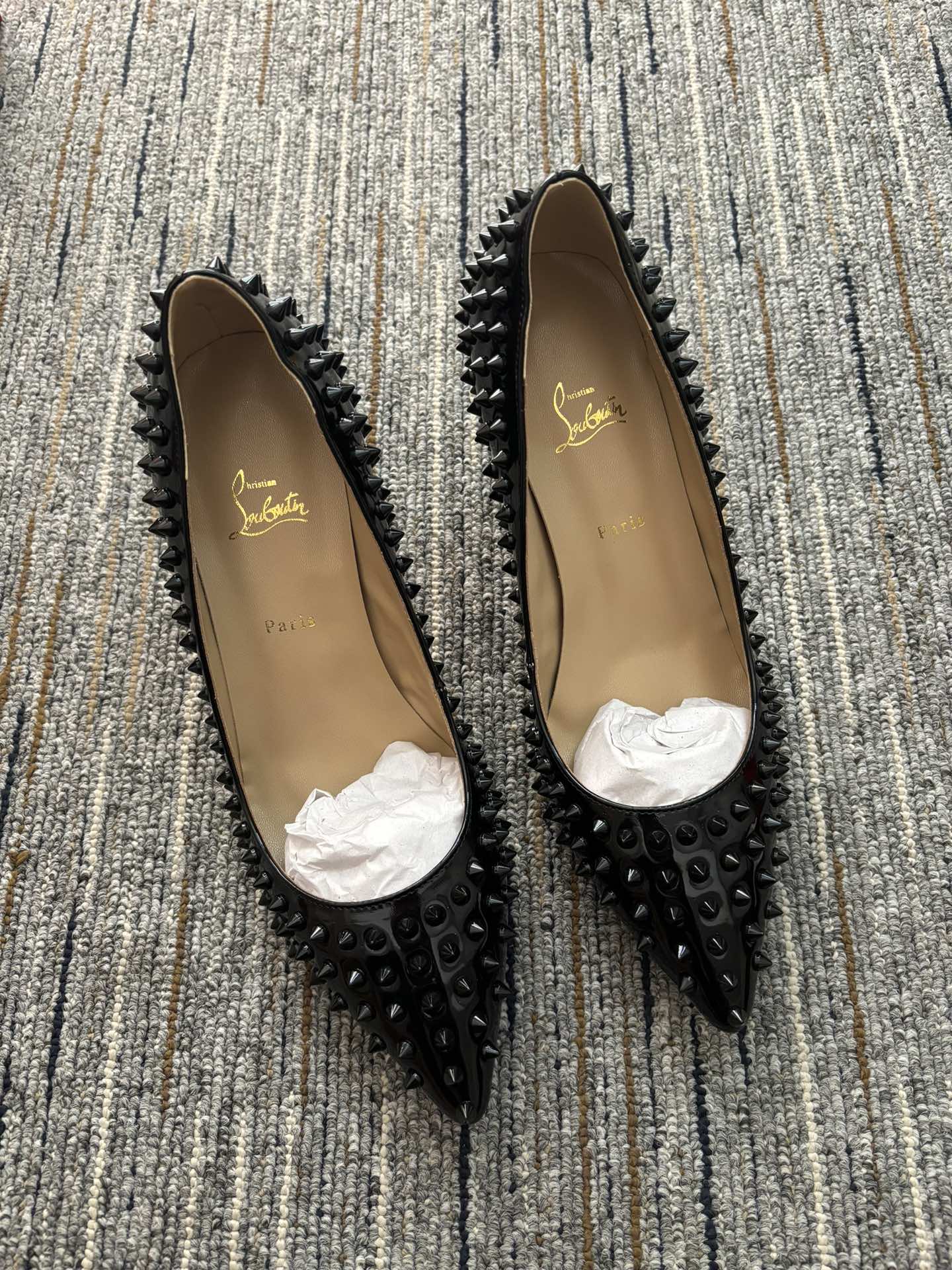 Christia** Loubout** black orange high heels