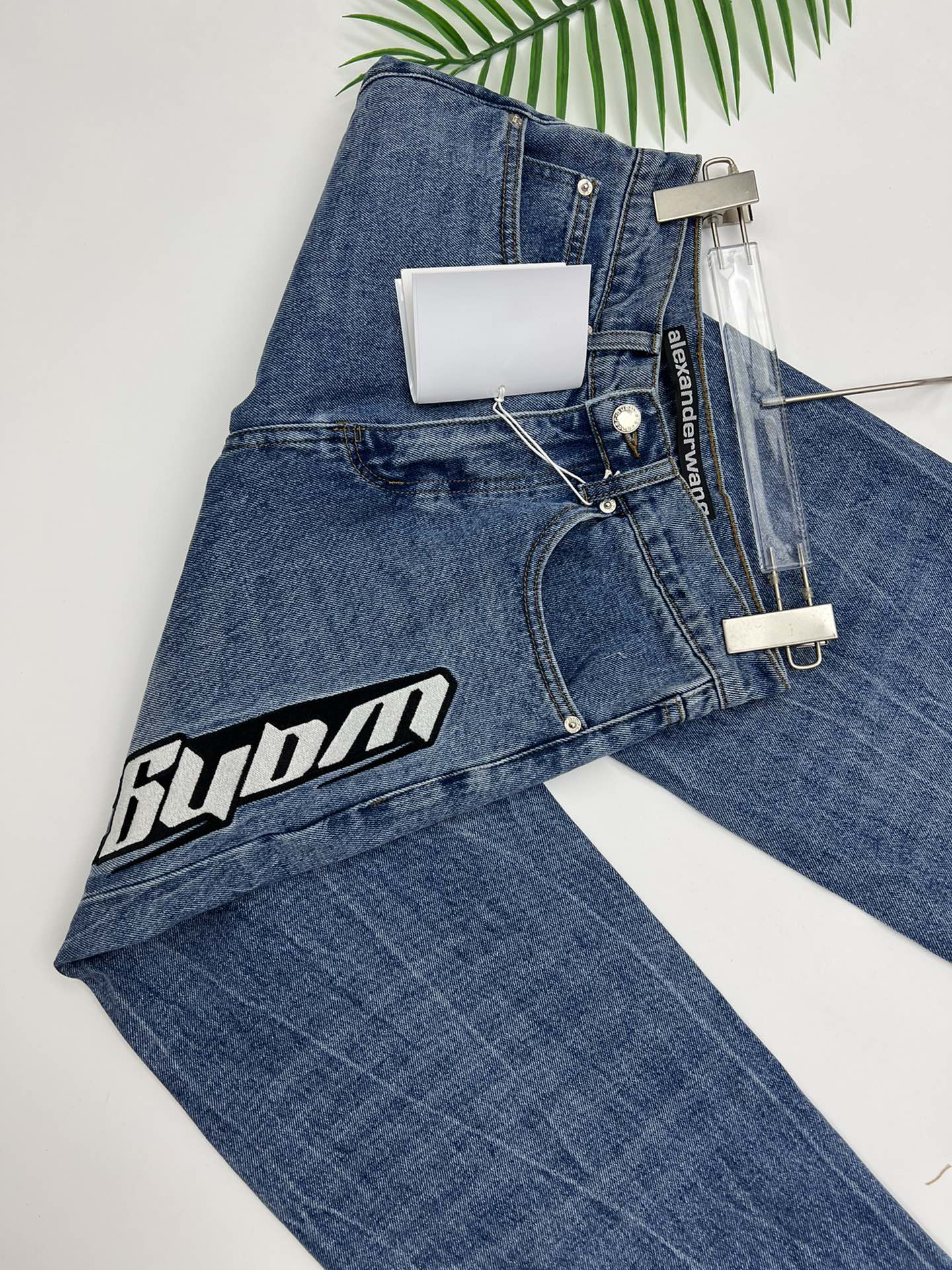 Alexander*** 10,000 stitch embroidered logo embossed letters slim straight denim trousers