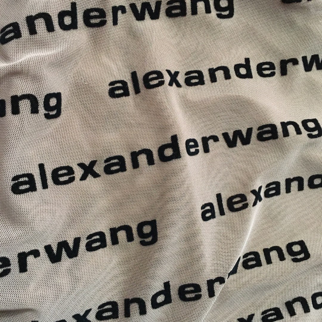 Alexander*** Full Print Flocked Letters Sheer Mesh Long Sleeve Bodysuit, Brown